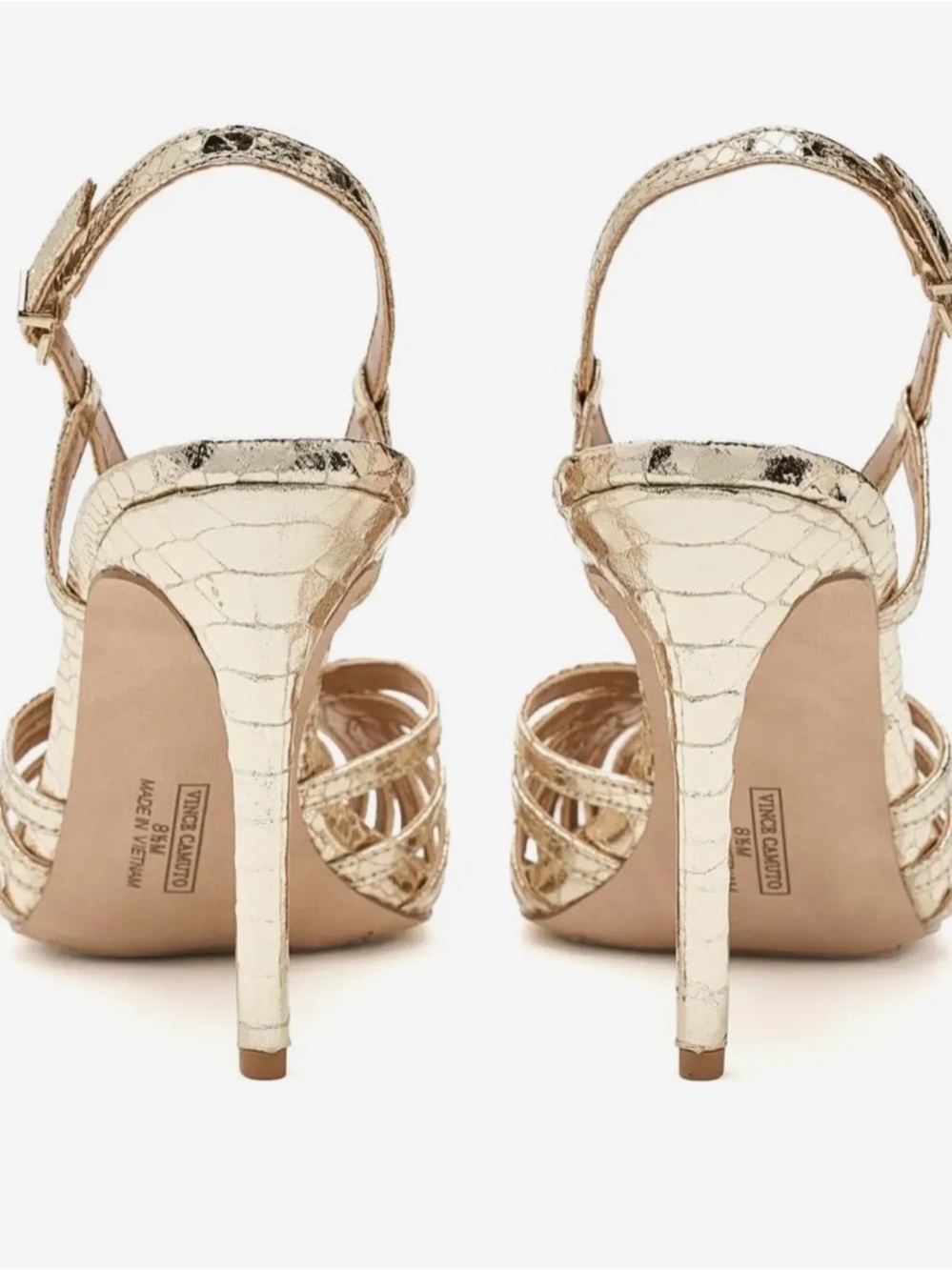 VINCE CAMUTO HANNIE CAGED TOE SANDALS SLINGBACK PEEP TOE GOLD METALLIC SIZE 6.5M - Picture 3 of 15